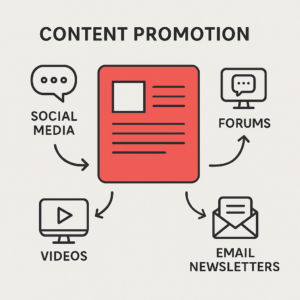 Off-page SEO diagram showing backlink sources like industry blogs and influencers, alongside content promotion channels such as social media and forums.