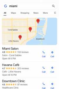 Google local search results showing top-ranked Miami businesses by neighborhood with map pins in Coral Gables, Little Havana, and Downtown.
