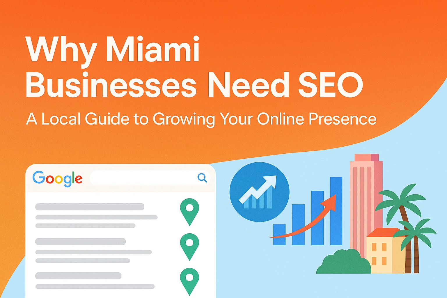 Featured image with the title 'Why Miami Businesses Need SEO' and subtitle 'A Local Guide to Growing Your Online Presence,' showing Google search results, upward graphs, and the Miami skyline with palm trees, symbolizing local SEO growth.