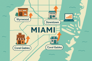 Map of Miami highlighting key business districts with SEO growth icons for local businesses.