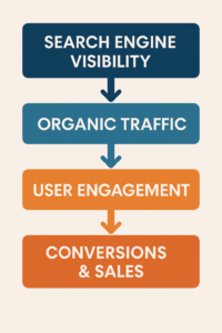 Infographic showing SEO impact funnel: search engine visibility leads to organic traffic, user engagement, and higher conversions.