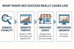 SEO success funnel showing stages from search visibility to conversions for Miami businesses, with icons representing growth and engagement.