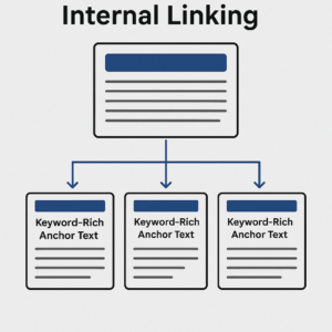 SEO diagram showing content optimized with keywords and formatting, alongside an internal linking map connecting relevant pages using keyword-rich anchor text.