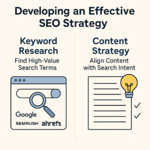 Two-part SEO strategy diagram: keyword research using SEO tools, and content strategy with new content creation and updates aligned to search intent.